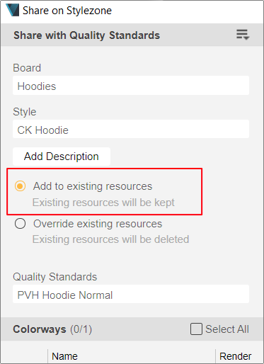 Add resource to current version button
