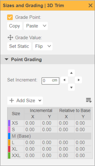 Sizes and grading dialog