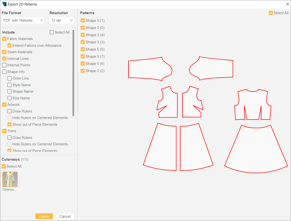 Export 2D patterns preview window