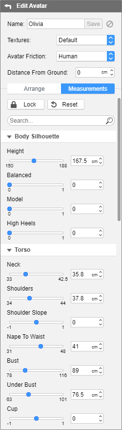 Edit Avatar pane - Measurements tab