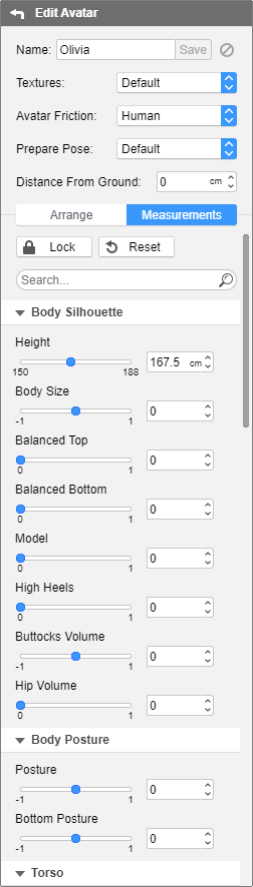 Edit Avatar pane - Measurements tab