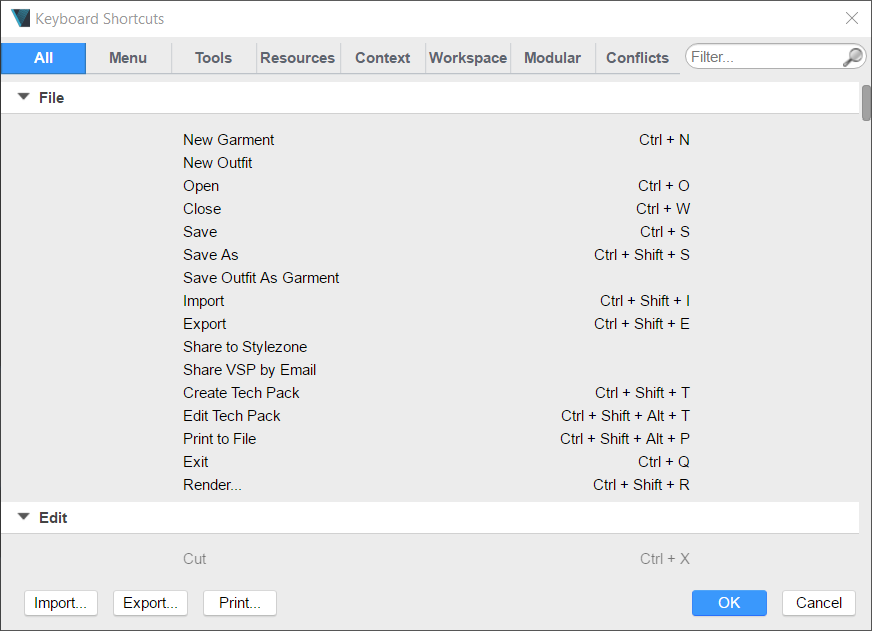 Keyboard shortcuts dialog box